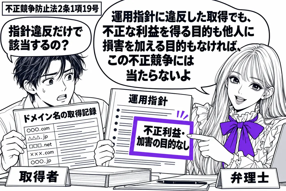 先生が右の相談机に座る弁理士役(札「弁理士」)。左の取得者(札「取得者」)がドメイン名の取得記録と運用指針を開く。取得記録の「不正利益・加害の目的なし」の付箋をヴァイオレットの枠で囲み、先生が指し示す。先生の吹き出し「運用指針に違反した取得