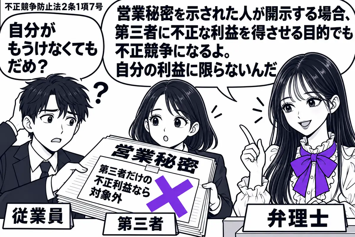 先生が右の相談机にいる弁理士役(札「弁理士」)。左に会社から示された「営業秘密」の資料を渡す男性(札「従業員」)、中央に受け取る女性(札「第三者」)。資料の「第三者だけの不正利益なら対象外」の付箋にヴァイオレットの×印。先生の吹き出し「営業