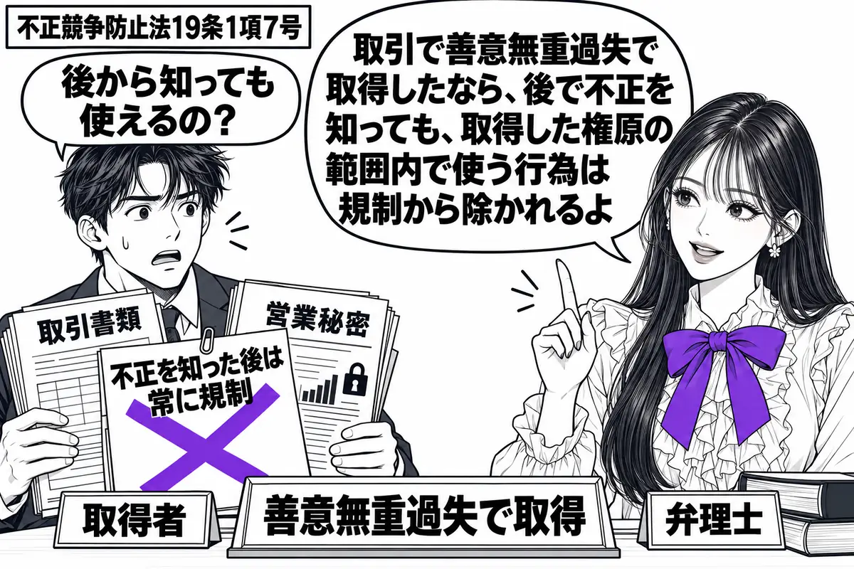 先生が机の右に立つ弁理士役(札「弁理士」)。左に取引書類と営業秘密の資料を持つ男性(札「取得者」)。机に「善意無重過失で取得」の札を置き、資料に貼った「不正を知った後は常に規制」の付箋に大きなヴァイオレットの×印。先生の吹き出し「取引で善意
