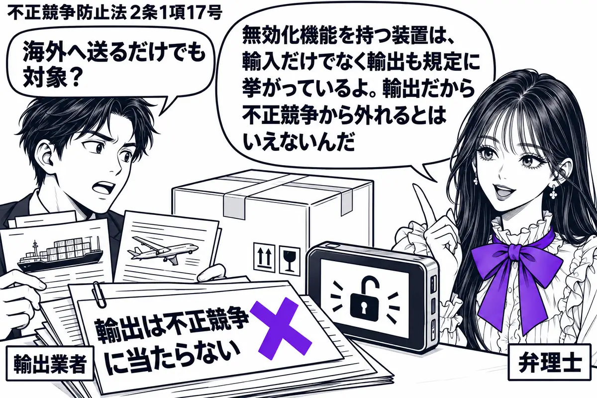 先生が出荷机の右に立つ弁理士役(札「弁理士」)。左に発送書類を持つ男性(札「輸出業者」)、中央に鍵を外す絵が描かれた装置と輸出用の箱。発送書類に貼った「輸出は不正競争に当たらない」の付箋にヴァイオレットの×印。先生の吹き出し「無効化機能を持