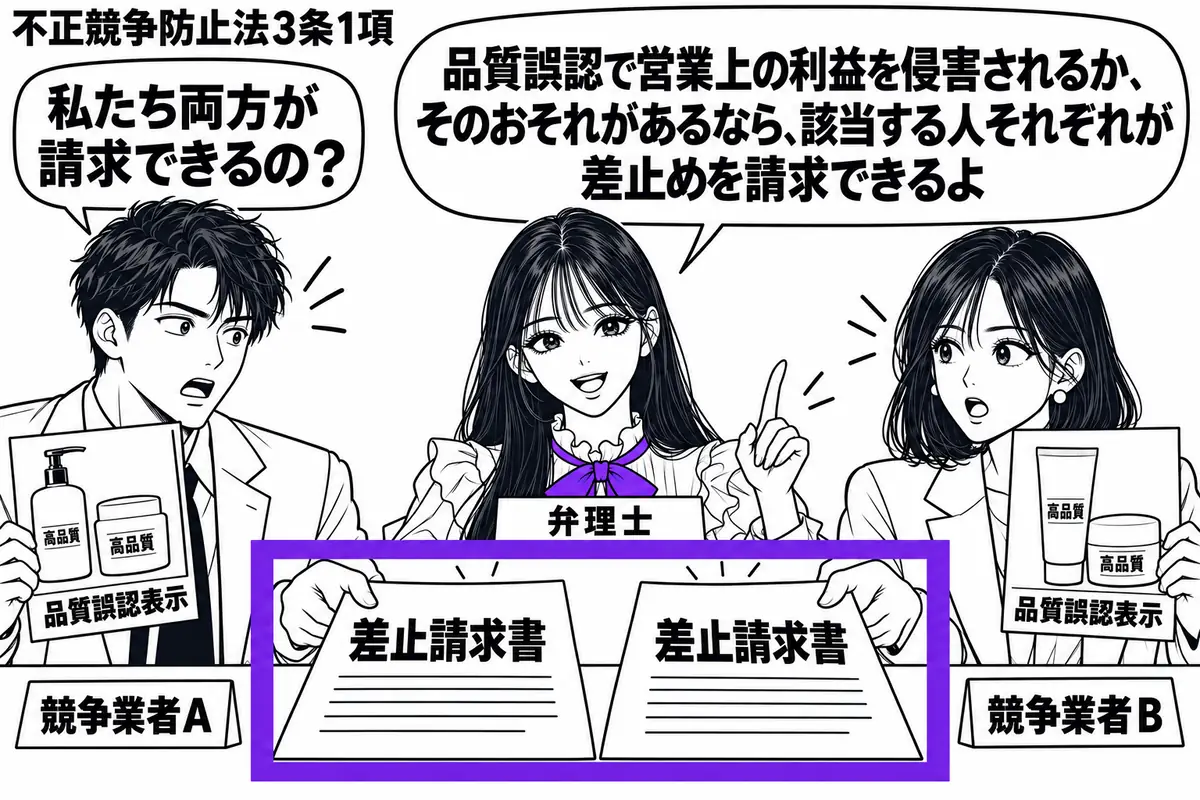 先生が相談机の中央に立つ弁理士役(札「弁理士」)。左右に品質誤認表示のある商品の写真を持つ男女(札「競争業者A」「競争業者B」)。二人がそれぞれ差し出す「差止請求書」を一つのヴァイオレットの枠で囲む。先生の吹き出し「品質誤認で営業上の利益を