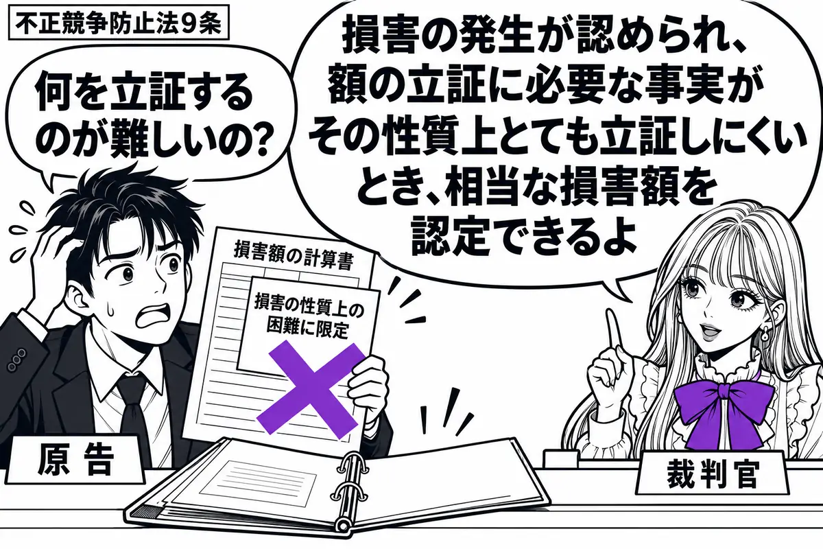 先生が右の法廷机にいる裁判官役（札「裁判官」）。左の男性（札「原告」）が損害額の計算書を持ち、机には立証資料の不足したファイルが開かれている。計算書の付箋「損害の性質上の困難に限定」にヴァイオレットの×印。先生の吹き出し「損害の発生が認めら