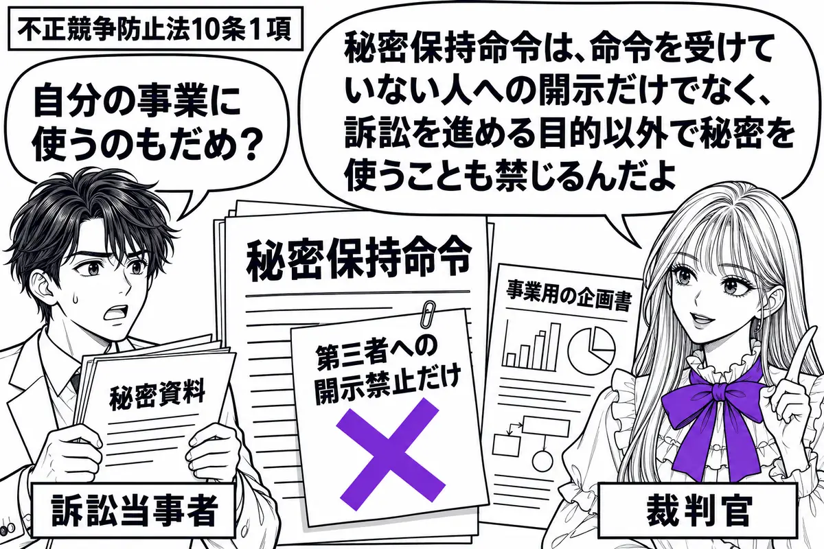 先生が法廷の右に座る裁判官役（札「裁判官」）。左に秘密資料を持つ男性（札「訴訟当事者」）。中央の「秘密保持命令」の書面に貼られた「第三者への開示禁止だけ」の付箋にヴァイオレットの×印。書面の脇には事業用の企画書を置く。先生の吹き出し「秘密保