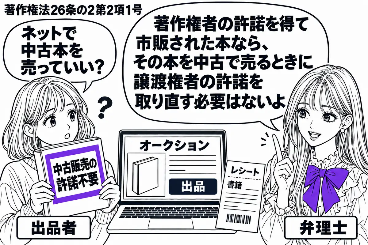 先生が相談役（札「弁理士」）で右。左に読み終えた本を持つ女性（札「出品者」）。中央にオークションの出品画面を開いたパソコンと、購入時のレシートを置く。本に添えた「中古販売の許諾不要」の付箋をヴァイオレットの枠で囲む。先生の吹き出し「著作権者