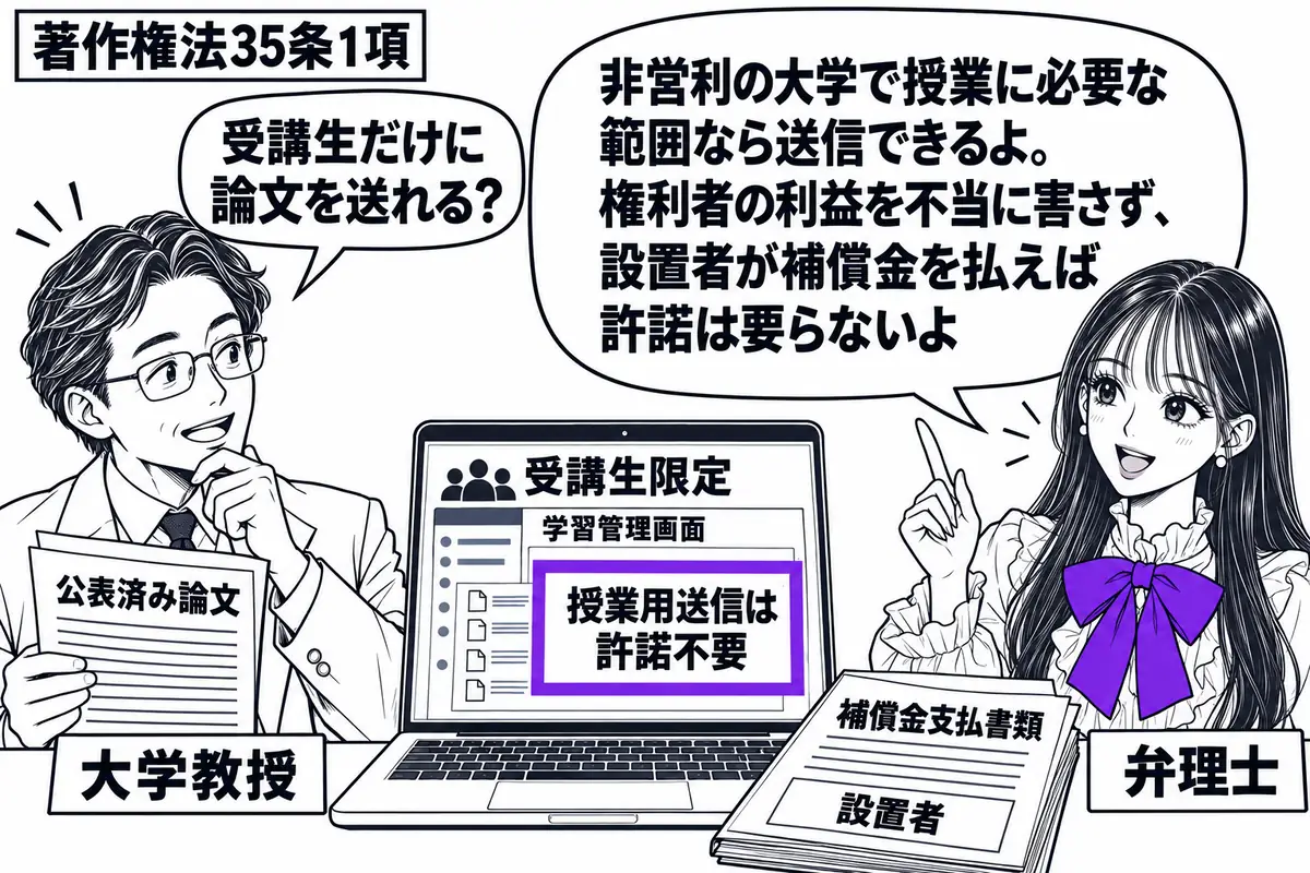 先生が相談役（札「弁理士」）で右。左に公表済み論文を持つ男性（札「大学教授」）。机に授業用のパソコンと設置者の補償金支払書類を置く。受講生限定の学習管理画面に付けた「授業用送信は許諾不要」をヴァイオレットの枠で囲む。先生の吹き出し「非営利の