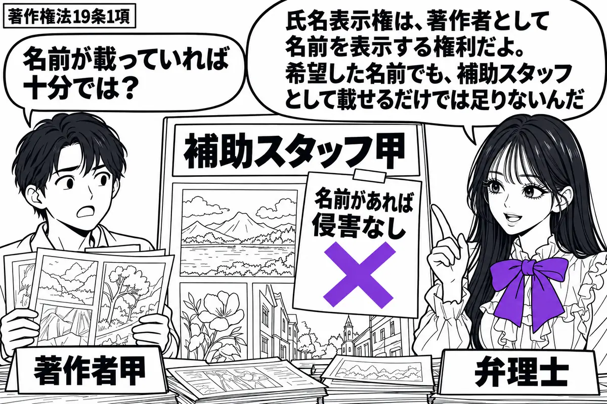 先生が掲示台の右で弁理士役(札「弁理士」)。左に作品原稿を持つ男性(札「著作者甲」)。中央の作品紹介には「補助スタッフ甲」とあり、その脇の「名前があれば侵害なし」の付箋にヴァイオレットの×印。先生の吹き出し「氏名表示権は、著作者として名前を