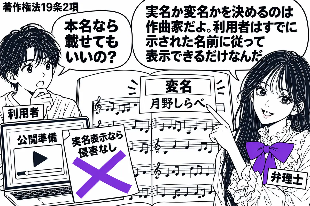 先生が右に立つ弁理士役(札「弁理士」)。左にパソコンを開いた演奏者(札「利用者」)、中央に変名で出版された楽譜。演奏動画の公開準備画面の横に「実名表示なら侵害なし」の付箋を置き、そこに大きなヴァイオレットの×印。先生は楽譜の変名欄を指してい