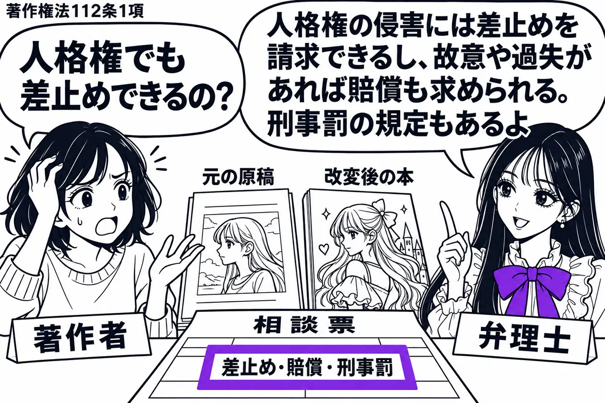 先生が右の相談机にいる弁理士役(札「弁理士」)。左に作品を勝手に改変されて困る作家(札「著作者」)。中央に元の原稿と改変後の本を並べ、その手前の相談票にある「差止め・賠償・刑事罰」の欄を一つのヴァイオレットの枠で囲む。先生の吹き出し「人格権