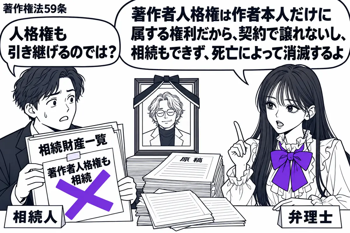 先生が右の相談机にいる弁理士役(札「弁理士」)。左に遺稿を持つ家族(札「相続人」)、中央に黒い喪章を付けた作家の写真と原稿の束。家族の手元の相続財産一覧に貼られた「著作者人格権も相続」の付箋に大きなヴァイオレットの×印を付ける。先生の吹き出