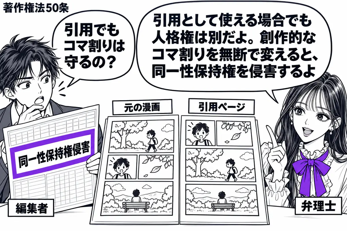 先生が右に立つ弁理士役(札「弁理士」)。左に批評本の校正紙を持つ編集者(札「編集者」)。中央の机に元の漫画と引用ページを並べ、同じ絵が別のコマ割りへ組み替えられた様子を見せる。校正紙の「同一性保持権侵害」の欄をヴァイオレットの枠で囲む。先生