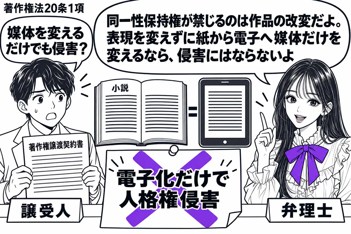 先生が右の相談机にいる弁理士役(札「弁理士」)。左に著作権の譲渡契約書を持つ人(札「譲受人」)。中央に小説の本と電子書籍端末を並べ、本文が同じであることを同じ行の形で見せる。「電子化だけで人格権侵害」の付箋に大きなヴァイオレットの×印。先生