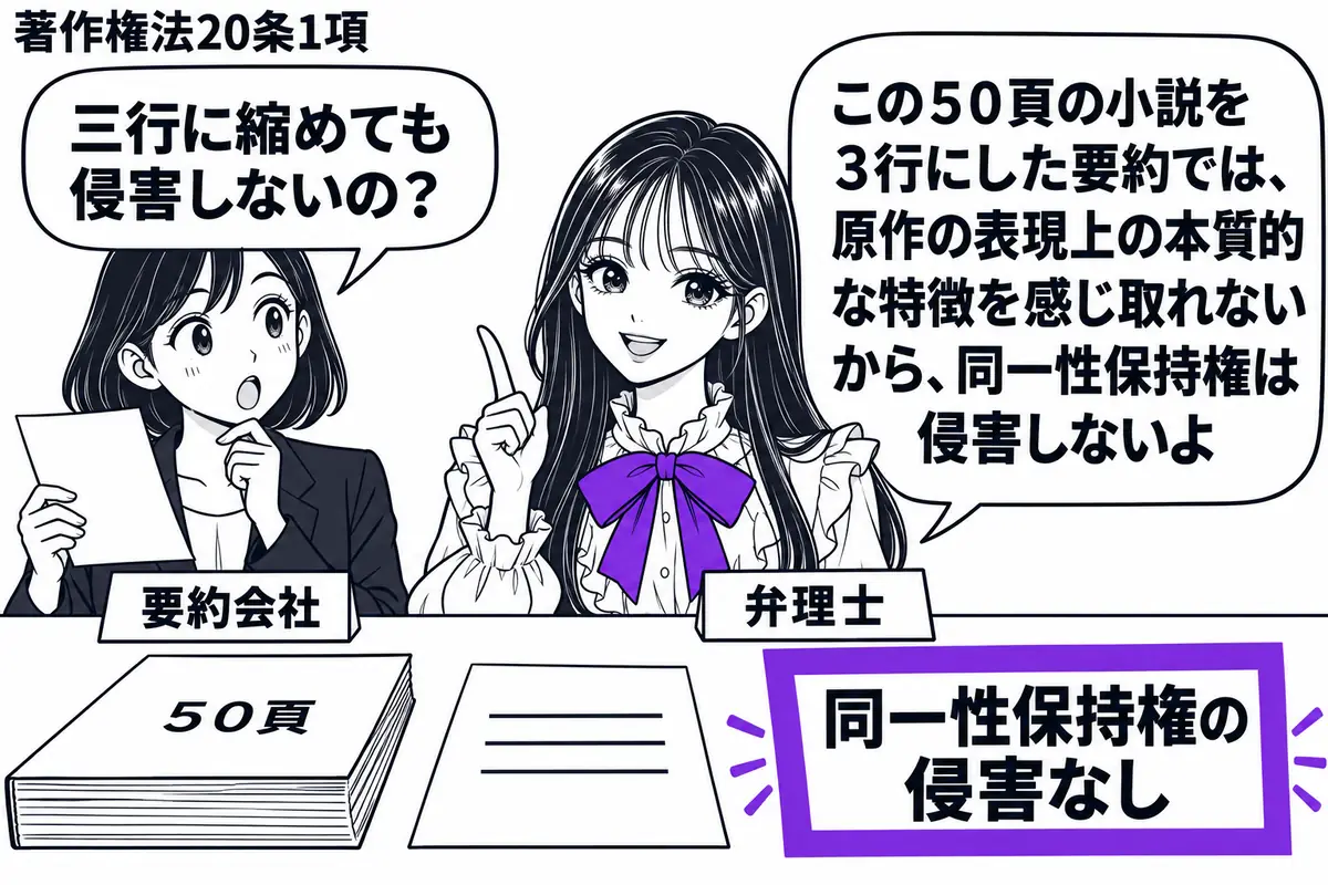 先生が編集机の右で弁理士役(札「弁理士」)。左に薄い紙を持つ女性(札「要約会社」)。机に「50頁」の小説と、文字を描き込まず三本の短い行で示す要約用紙を並べ、「同一性保持権の侵害なし」の付箋をヴァイオレットの枠で囲む。先生の吹き出し「この5