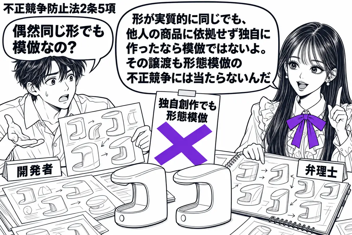 先生が右の相談机にいる弁理士役(札「弁理士」)。左に試作図面を広げる人(札「開発者」)。中央には偶然同じ形になった二つの商品と、独自の試行錯誤を示すスケッチ帳。「独自創作でも形態模倣」の付箋に大きなヴァイオレットの×印を付ける。先生の吹き出