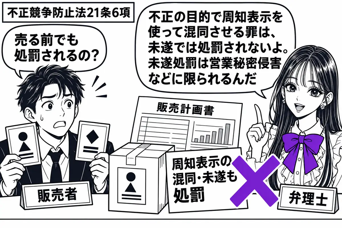 先生が右の机で弁理士役（札「弁理士」）。左に似た商品ラベルを持つ男性（札「販売者」）、中央にまだ封を切っていない商品箱と販売計画書。計画書の付箋「周知表示の混同・未遂も処罰」に大きなヴァイオレットの×印。先生の吹き出し「不正の目的で周知表示