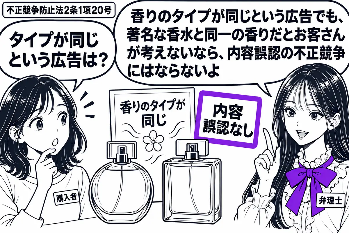 先生が香水売場の右で弁理士役(札「弁理士」)。左に広告を読む女性(札「購入者」)。中央に形の異なる香水瓶を置き、広告に「香りのタイプが同じ」。脇の「内容誤認なし」の付箋をヴァイオレットの枠で囲む。先生の吹き出し「香りのタイプが同じという広告