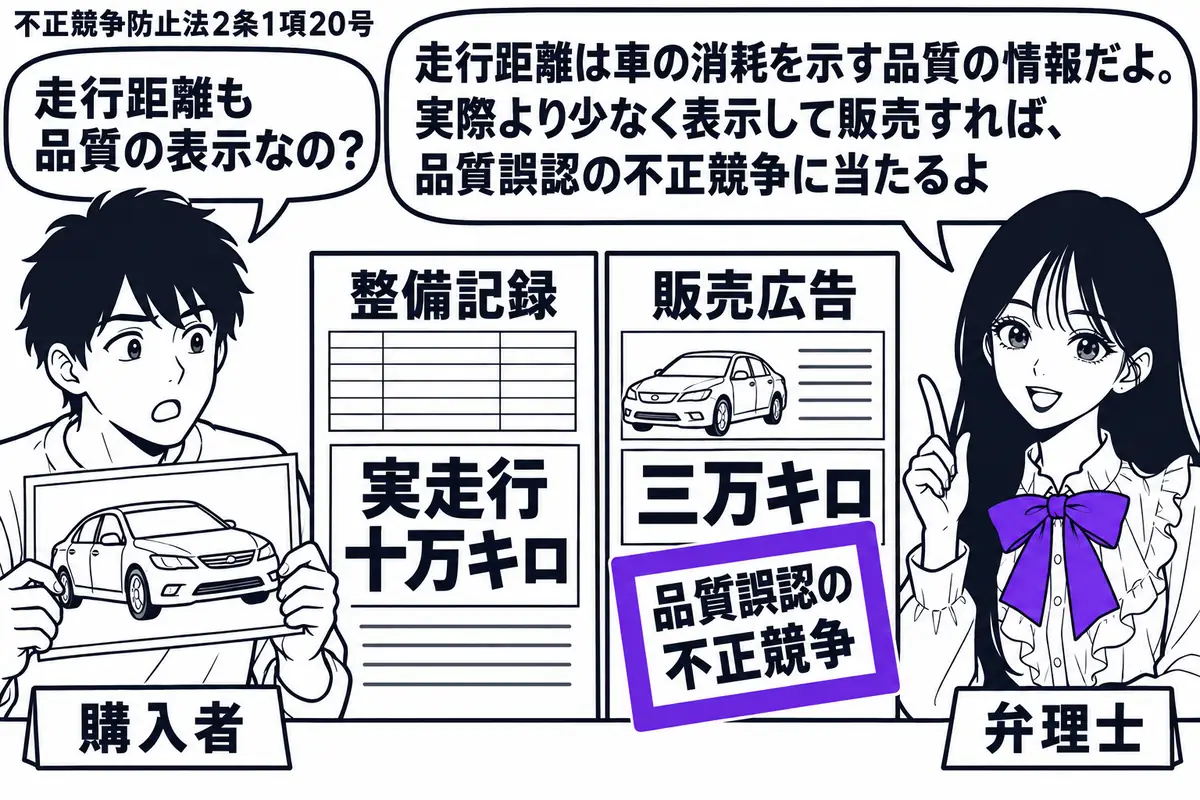 先生が右の机で弁理士役(札「弁理士」)。左に中古車の写真を持つ男性(札「購入者」)。中央に実走行十万キロの整備記録と三万キロと書かれた販売広告を並べ、広告に付けた「品質誤認の不正競争」の付箋をヴァイオレットの枠で囲む。先生の吹き出し「走行距