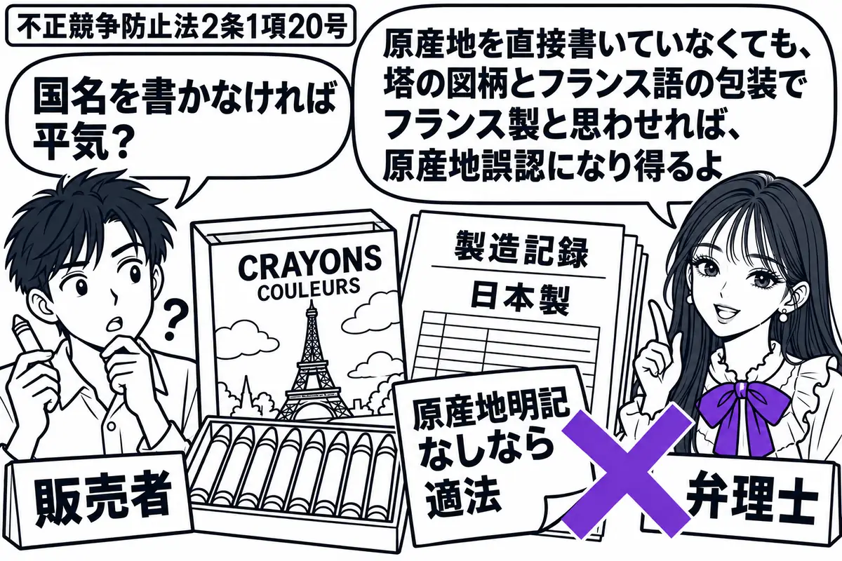 先生が右の相談机で弁理士役(札「弁理士」)。左にクレヨンを持つ男性(札「販売者」)。中央に日本製の製造記録と、エッフェル塔の図柄にフランス語だけを添えた包装を並べ、包装の付箋「原産地明記なしなら適法」にヴァイオレットの×印。先生の吹き出し「