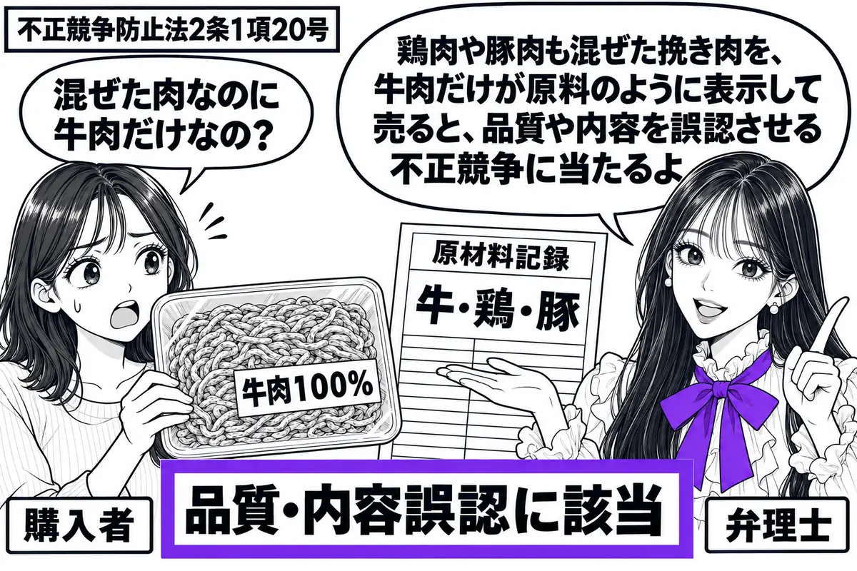 先生が売場の右で弁理士役(札「弁理士」)。左に挽き肉パックを持つ女性(札「購入者」)。パックに「牛肉100%」、隣の原材料記録に「牛・鶏・豚」。手前の「品質・内容誤認に該当」の付箋をヴァイオレットの枠で囲む。先生の吹き出し「鶏肉や豚肉も混ぜ