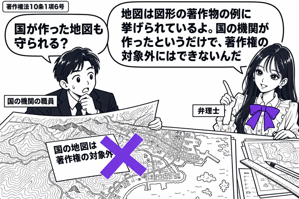 先生が机の右に立つ弁理士役（札「弁理士」）。左に地図を広げる職員（札「国の機関の職員」）。地図には山の等高線や道路、海岸線を描き、作成途中の原稿も横に置く。地図に貼った付箋「国の地図は著作権の対象外」に大きなヴァイオレットの×印。先生の吹き