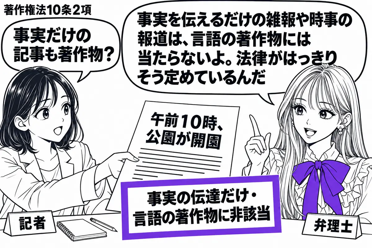 先生が編集机の右に立つ弁理士役（札「弁理士」）。左の記者（札「記者」）が、日時と出来事だけを淡々と伝える短いニュース原稿を差し出す。原稿に貼った付箋「事実の伝達だけ・言語の著作物に非該当」をヴァイオレットの枠で囲む。机の端には取材用の手帳と