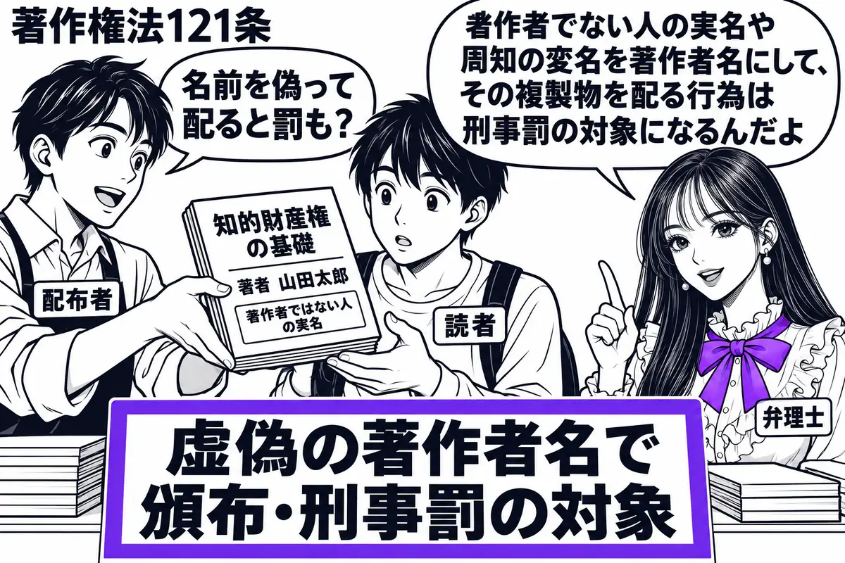 先生が配布台の右に立つ弁理士役（札「弁理士」）。左の配布者（札「配布者」）が、著作者ではない人の実名を表紙に載せた本の複製物を、中央の読者（札「読者」）に渡しかける。台の注意書き「虚偽の著作者名で頒布・刑事罰の対象」をヴァイオレットの枠で囲