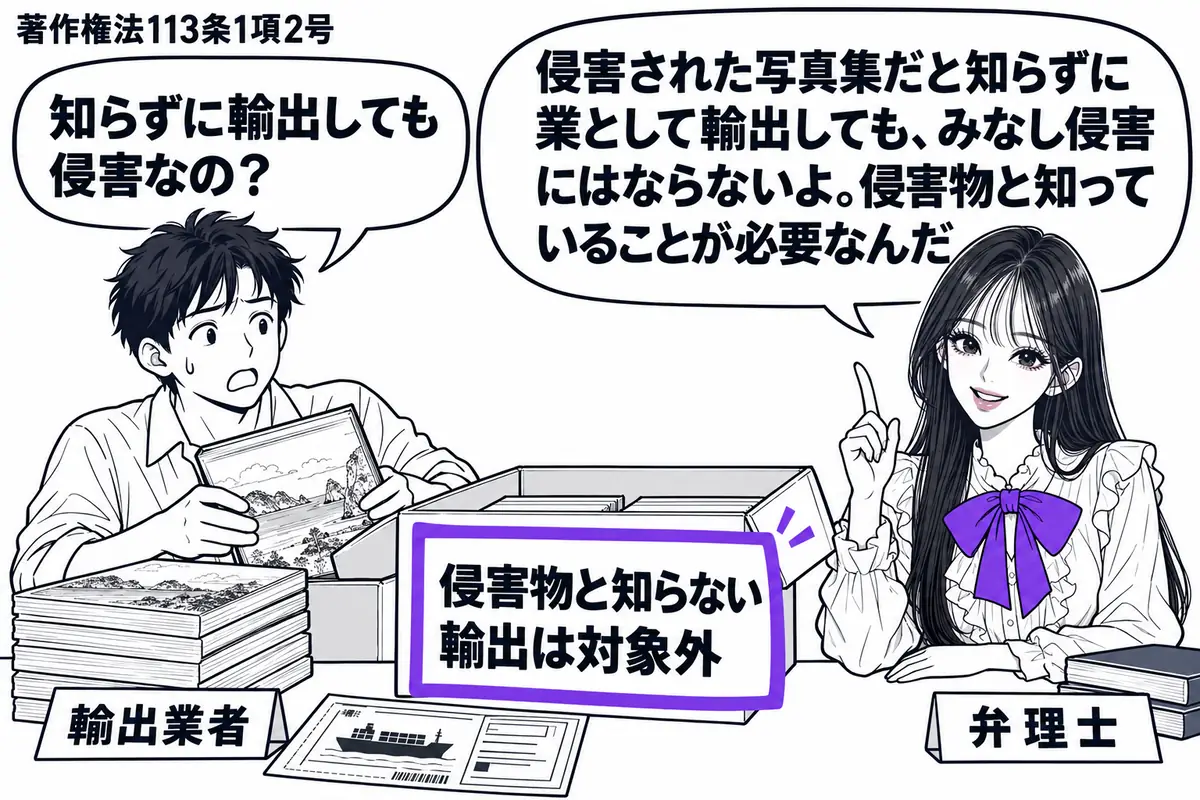 先生が右の相談机にいる弁理士役(札「弁理士」)。左に写真集を箱詰めする男性(札「輸出業者」)、机には購入した写真集と船の絵が付いた送り状。箱に添えた「侵害物と知らない輸出は対象外」の付箋をヴァイオレットの枠で囲む。先生の吹き出し「侵害された