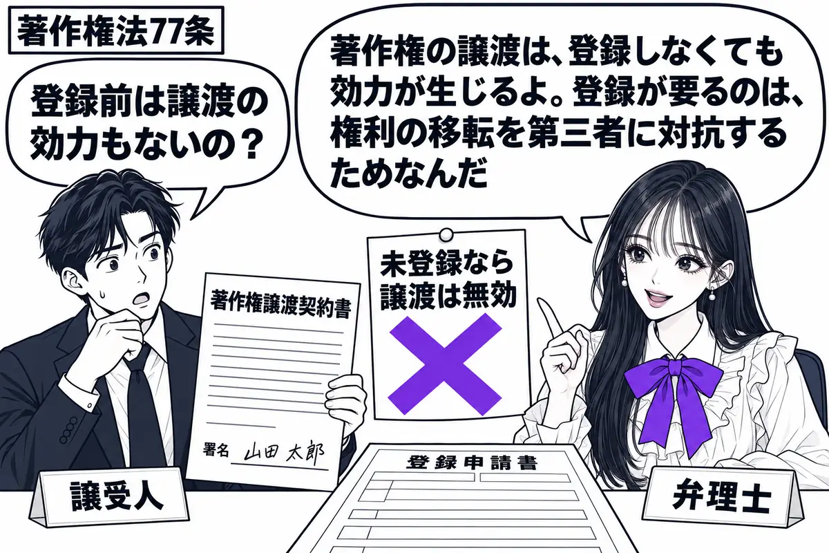 先生が机の右で弁理士役（札「弁理士」）。左に署名済みの著作権譲渡契約書を持つ男性（札「譲受人」）。机の登録申請書は未記入で、契約書脇の「未登録なら譲渡は無効」の付箋にヴァイオレットの×印。先生の吹き出し「著作権の譲渡は、登録しなくても効力が