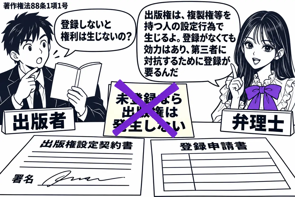 先生が机の右で弁理士役（札「弁理士」）。左に本の見本を持つ男性（札「出版者」）。机に署名済みの出版権設定契約書と未記入の登録申請書。「未登録なら出版権は発生しない」の付箋にヴァイオレットの×印。先生の吹き出し「出版権は、複製権等を持つ人の設