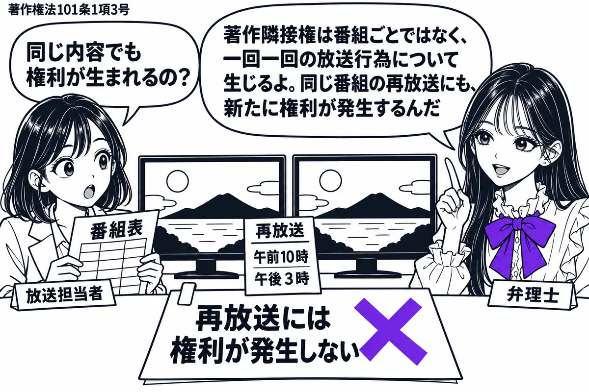 先生が机の右で弁理士役(札「弁理士」)。左に番組表を持つ女性(札「放送担当者」)。机に同じ映像のモニターを二つ並べ、片方に再放送の時刻表。「再放送には権利が発生しない」の付箋にヴァイオレットの×印。先生の吹き出し「著作隣接権は番組ごとではな