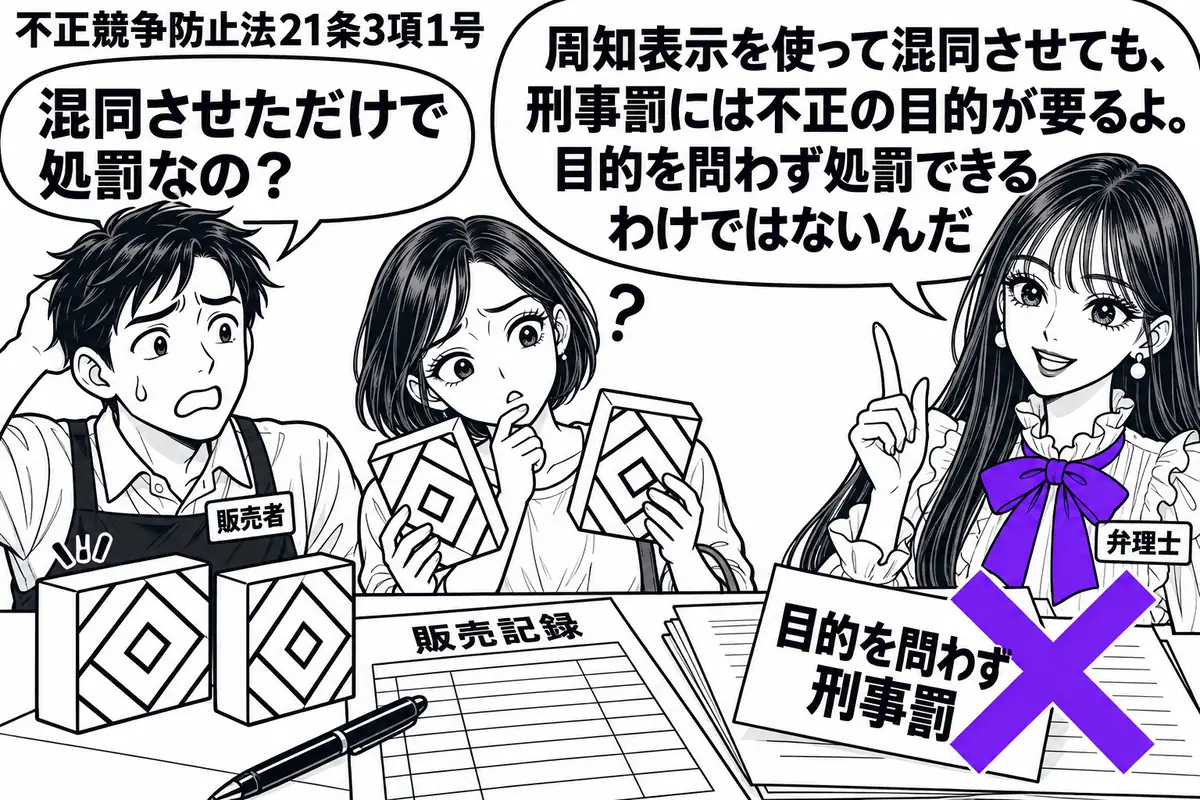 先生が右で弁理士役(札「弁理士」)。左に同じ模様の箱を並べた売り場と、困り顔の男性(札「販売者」)。客が二つの箱を見比べて首をかしげている。机の販売記録に貼った「目的を問わず刑事罰」の付箋へ、大きなヴァイオレットの×印。先生の吹き出し「周知