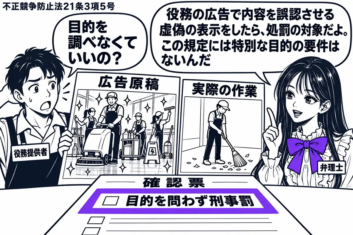 先生が右で弁理士役（札「弁理士」）。左に広告原稿を持つ男性（札「役務提供者」）。原稿には豪華な清掃作業の絵、横の実際の作業写真には簡単な掃き掃除だけを描く。机の確認票の「目的を問わず刑事罰」の欄をヴァイオレットの枠で囲む。先生の吹き出し「役