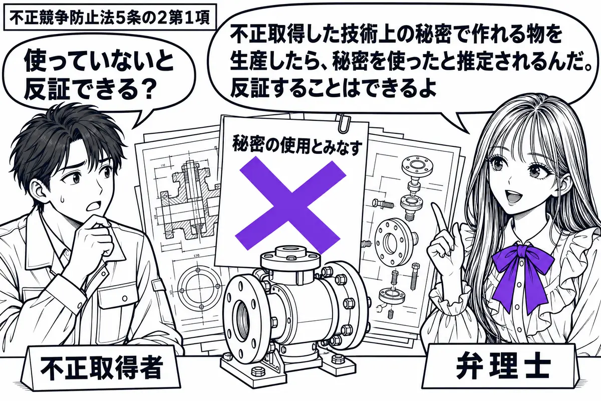 先生が右の相談机にいる弁理士役（札「弁理士」）。左に工場の担当者（札「不正取得者」）、中央に盗み出した技術資料と、その技術で作れる製品を置く。資料に貼った「秘密の使用とみなす」の付箋に大きなヴァイオレットの×印。先生の吹き出し「不正取得した