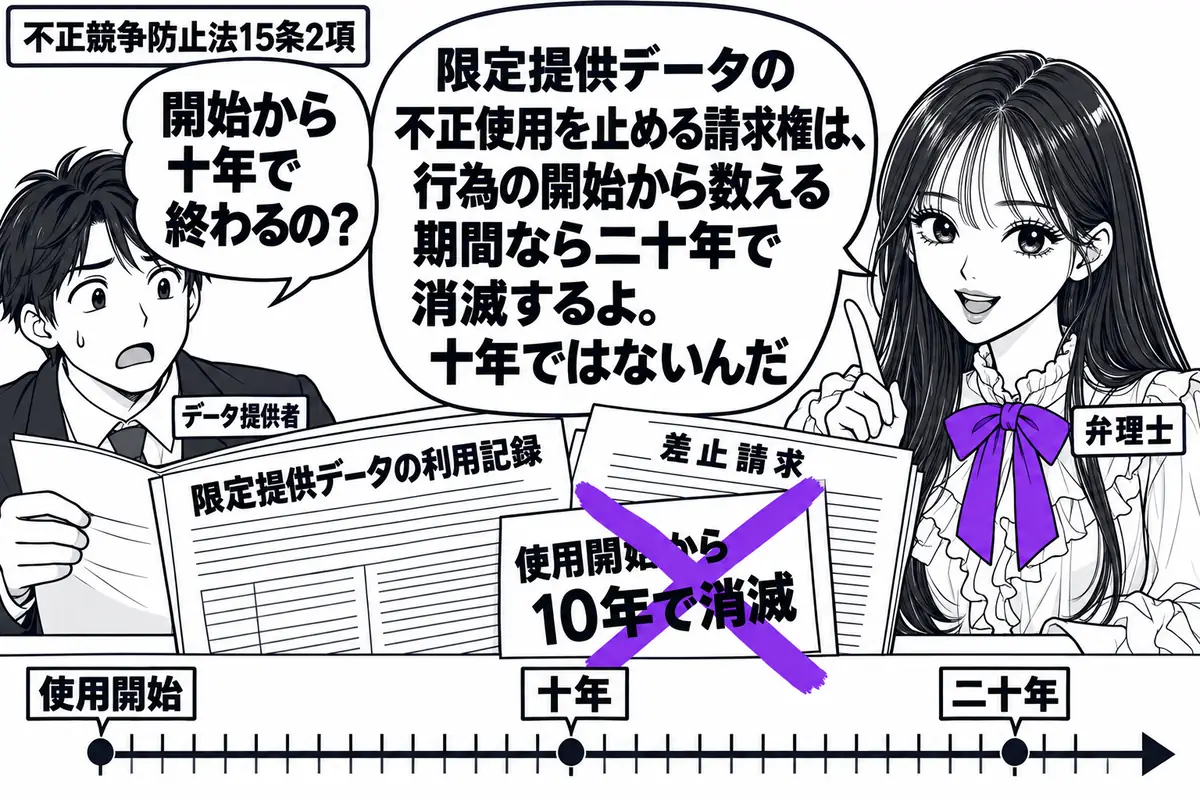 先生が右で弁理士役（札「弁理士」）。左に男性（札「データ提供者」）が、限定提供データの利用記録と差止請求の書類を広げる。机に使用開始から年月を刻んだ細長い暦。書類に貼った「使用開始から10年で消滅」の付箋へ、大きなヴァイオレットの×印。先生