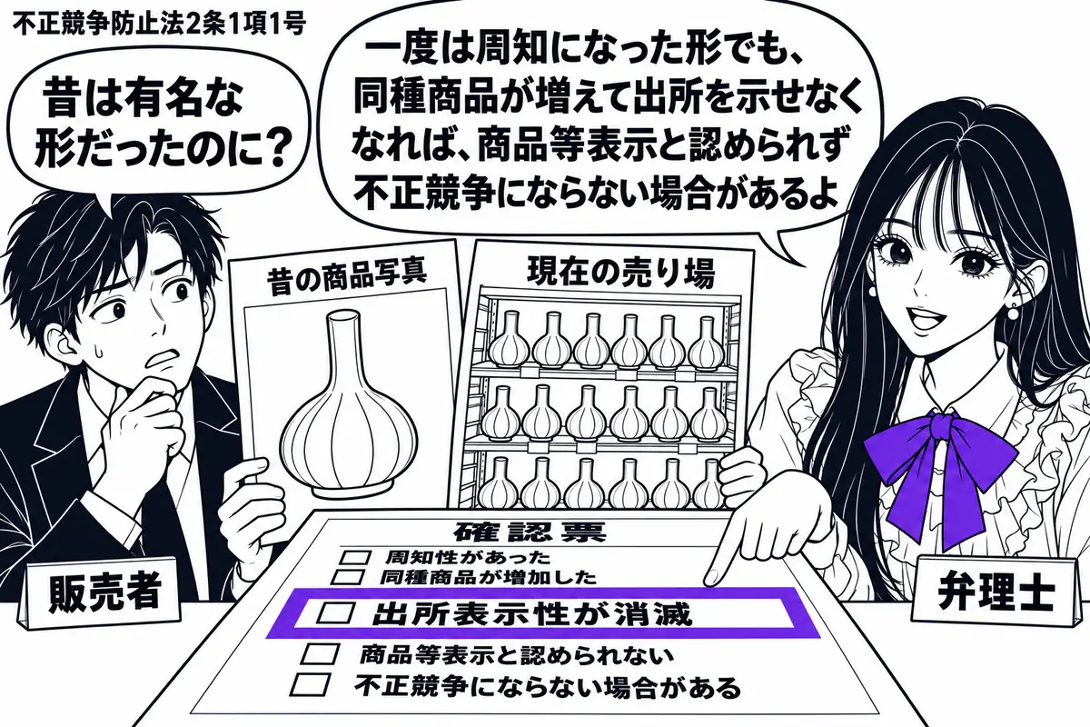 先生が右で弁理士役(札「弁理士」)。左に男性(札「販売者」)が、昔の商品写真と現在の売り場の写真を見比べる。現在の棚には同じ形の商品が多数並ぶ。机の確認票の「出所表示性が消滅」の欄をヴァイオレットの枠で囲む。先生の吹き出し「一度は周知になっ