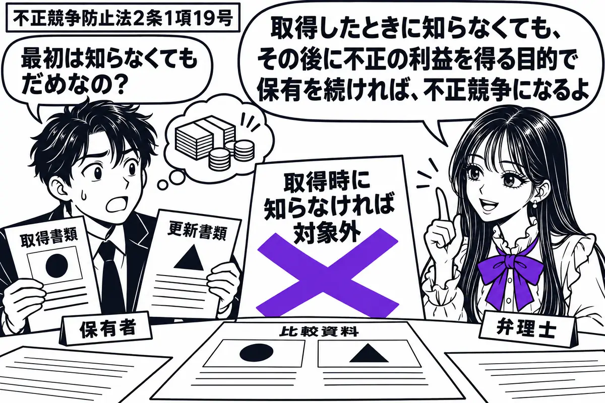 先生が右の相談机に座る弁理士役(札「弁理士」)。左にドメイン名の取得書類を持つ男性(札「保有者」)。机には他人の表示との類似に気付いた様子の比較資料と、金銭を思い浮かべながら握る更新書類。「取得時に知らなければ対象外」の付箋に大きなヴァイオ