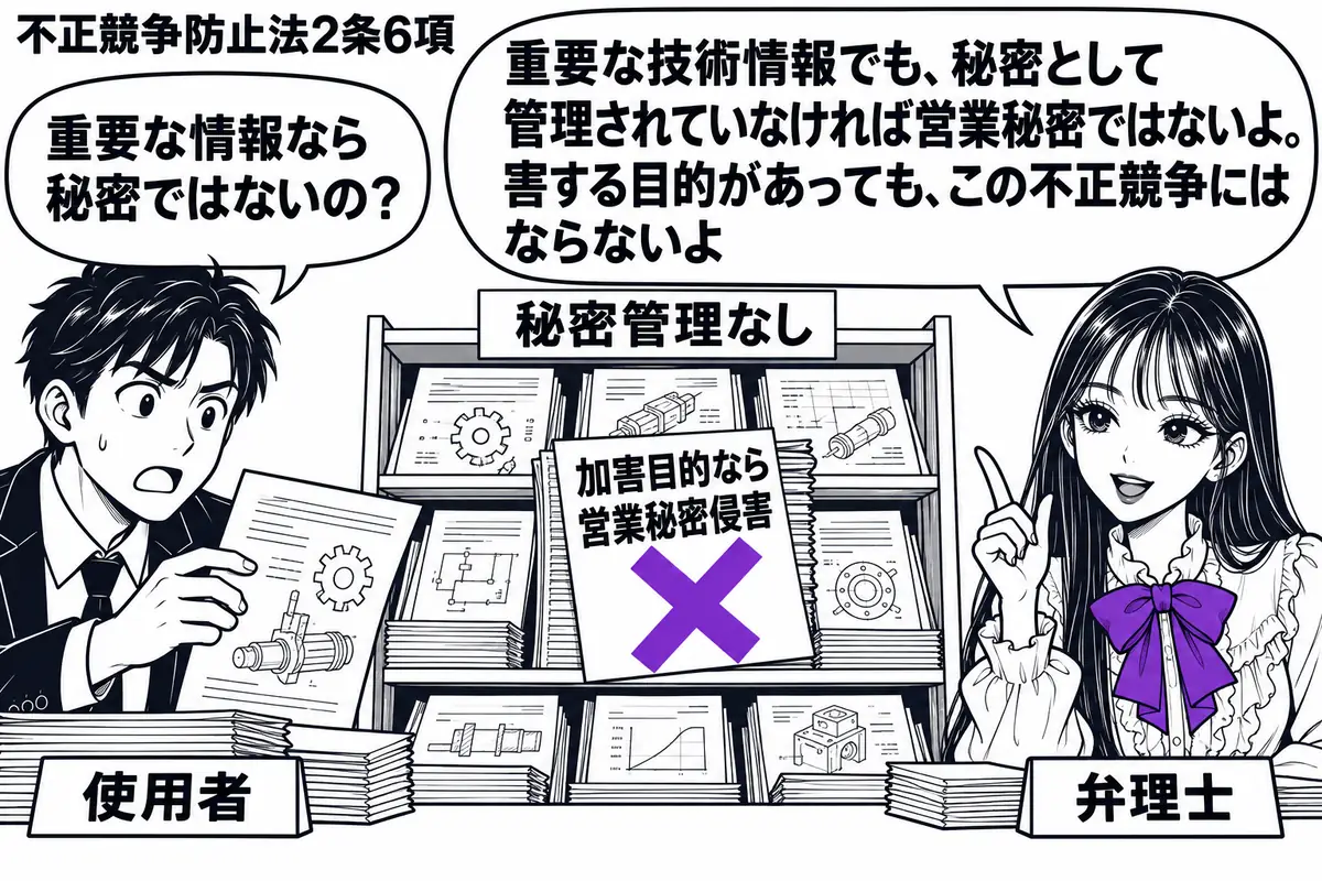 先生が右の資料机に座る弁理士役(札「弁理士」)。左に技術資料を使おうとする男性(札「使用者」)。中央には誰でも手に取れる開いた資料棚を描き、「秘密管理なし」の札を置く。資料上の「加害目的なら営業秘密侵害」の付箋にヴァイオレットの×印。先生の