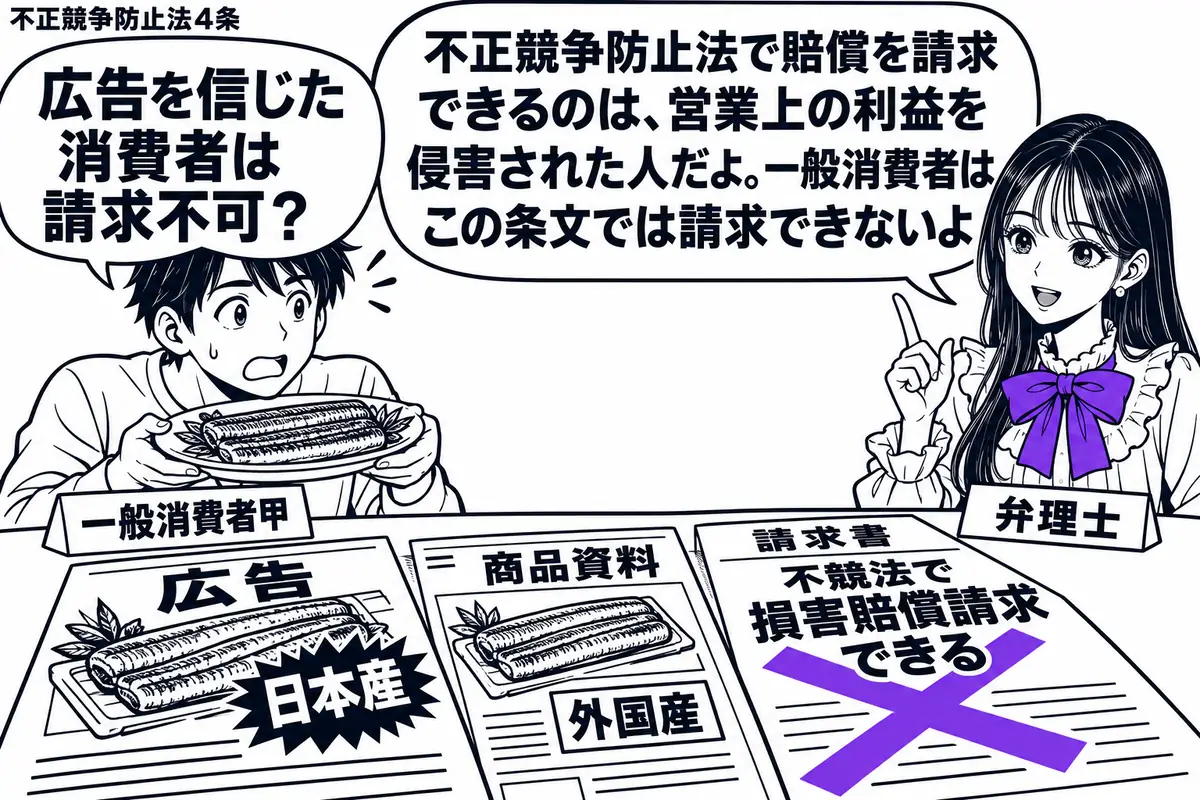 先生が右の相談机に座る弁理士役(札「弁理士」)。左にうなぎの蒲焼を持つ男性(札「一般消費者甲」)。机には日本産と宣伝する広告と、外国産と分かる商品資料を並べる。「不競法で損害賠償請求できる」と書いた請求書にヴァイオレットの×印。先生の吹き出