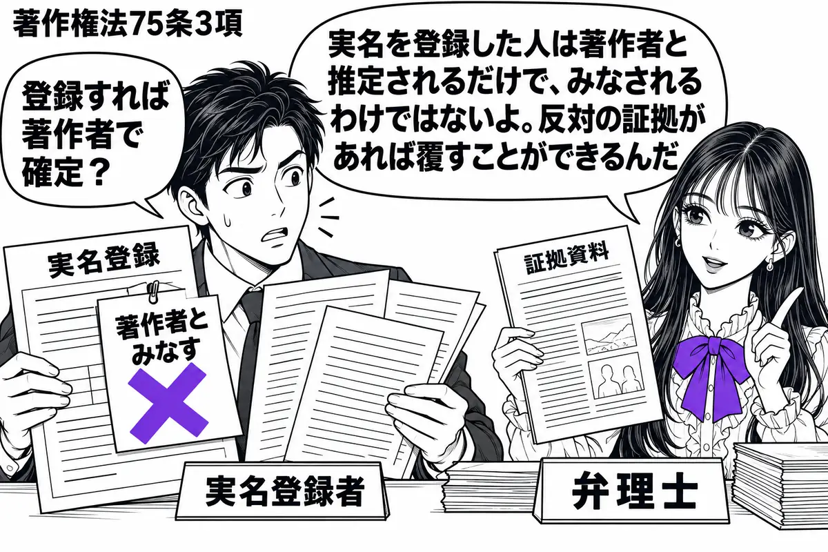 先生が弁理士役（札「弁理士」）で机の右。左の男性（札「実名登録者」）が作品の原稿と「実名登録」の書類を広げている。書類に貼った「著作者とみなす」の付箋に大きなヴァイオレットの×印。先生は別の証拠資料を手に、登録の効果を説明する。先生の吹き出