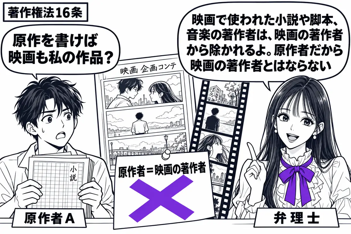 先生が右の机に立つ弁理士役（札「弁理士」）。左に小説の原稿を抱えた男性（札「原作者Ａ」）。中央に原稿を映画化した場面の絵コンテとフィルムを並べる。「原作者＝映画の著作者」の付箋を絵コンテに貼り、大きなヴァイオレットの×印。先生の吹き出し「映
