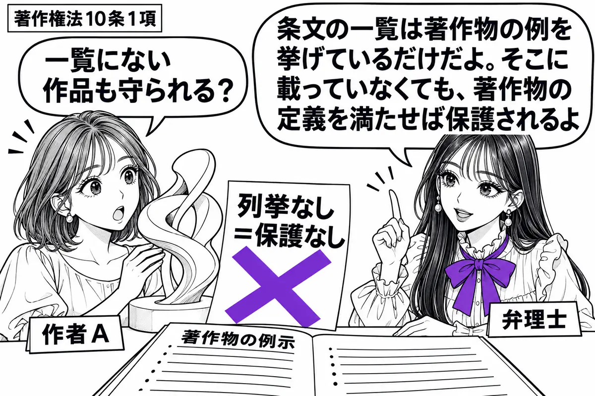先生が右の相談机に立つ弁理士役(札「弁理士」)。左に新しい表現作品の模型を持つ女性(札「作者A」)。机に「著作物の例示」の一覧表を広げ、模型の横に置いた「列挙なし=保護なし」の付箋に大きなヴァイオレットの×印。先生の吹き出し「条文の一覧は著