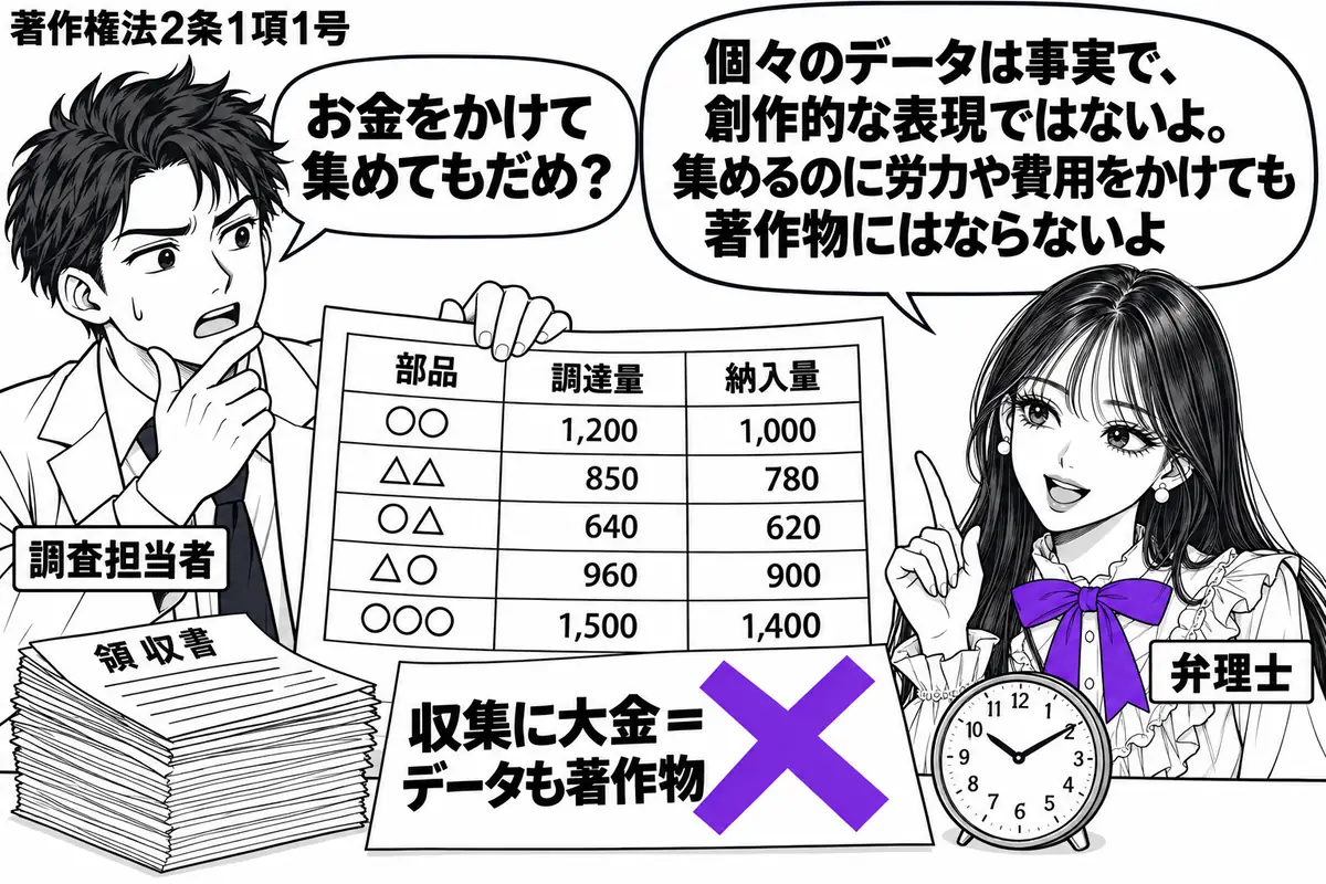 先生が右で弁理士役(札「弁理士」)。左の男性(札「調査担当者」)が部品の調達量や納入量を記したデータ表を広げる。机に領収書の束と時計。表の付箋「収集に大金=データも著作物」にヴァイオレットの×印。先生の吹き出し「個々のデータは事実で、創作的