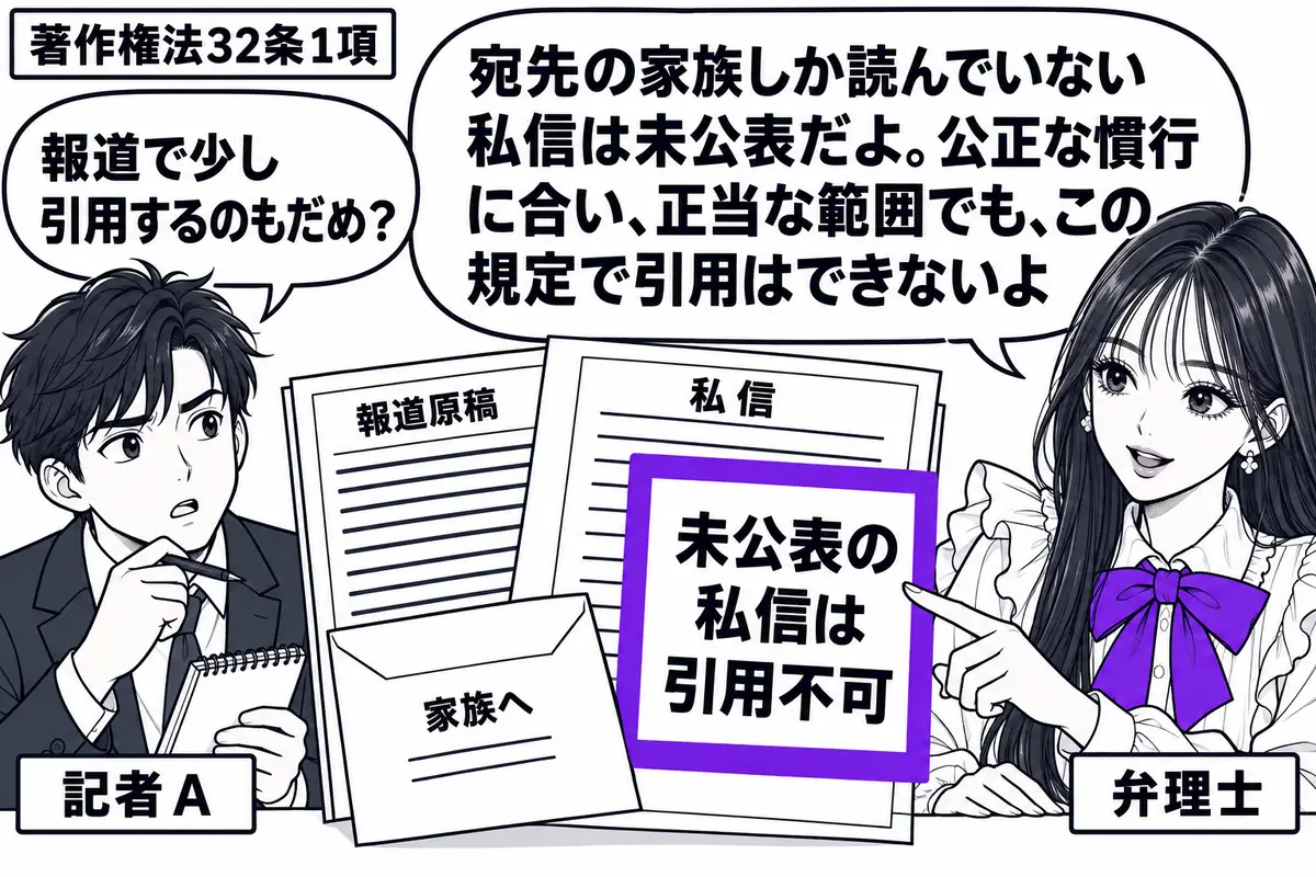 先生が右の相談机に座る弁理士役(札「弁理士」)。左に取材ノートを持つ男性(札「記者A」)。中央に政治家が家族だけに送った私信と封筒、その隣に報道原稿を置く。私信に添えた「未公表の私信は引用不可」の付箋をヴァイオレットの枠で囲む。先生の吹き出