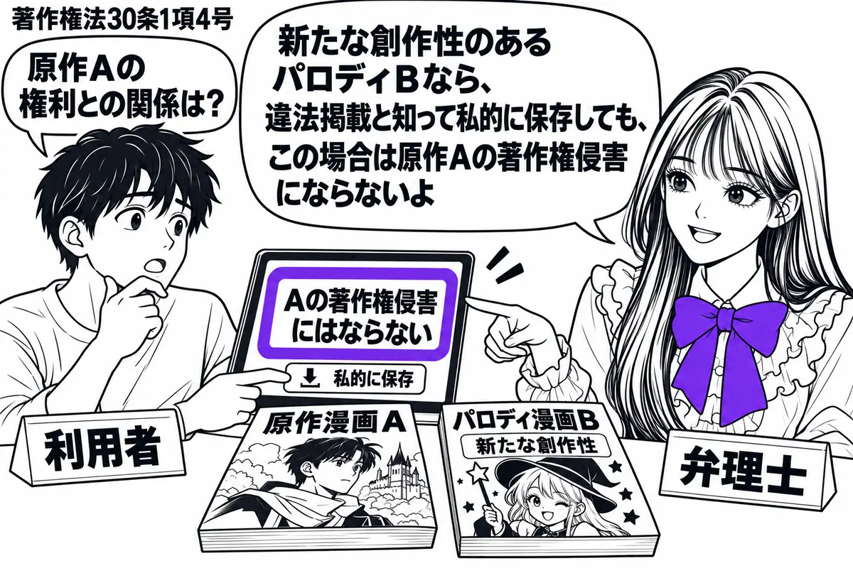 先生が右に座る弁理士役（札「弁理士」）。左の男性（札「利用者」）が端末に漫画Ｂを私的に保存する。机に原作漫画Ａと、新たな創作性を加えたパロディ漫画Ｂを並べる。端末の「Ａの著作権侵害にはならない」の付箋をヴァイオレットの枠で囲む。先生の吹き出