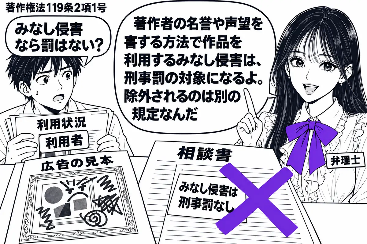 先生が弁理士役(札「弁理士」)で右の机に立つ。左に利用状況の資料を持つ男性(札「利用者」)。机には作品を侮辱的に扱う広告の見本と相談書があり、相談書の「みなし侵害は刑事罰なし」という付箋に大きなヴァイオレットの×印。先生の吹き出し「著作者の