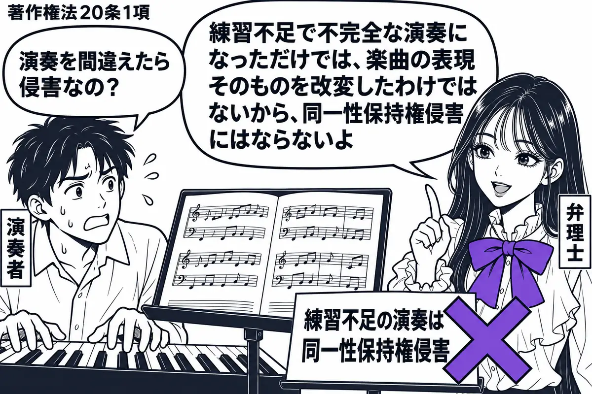 先生が舞台脇の右で弁理士役(札「弁理士」)。左に鍵盤の前で汗をかく男性(札「演奏者」)。譜面台には書き換えのない楽譜を置き、その脇の「練習不足の演奏は同一性保持権侵害」という付箋にヴァイオレットの×印。先生の吹き出し「練習不足で不完全な演奏