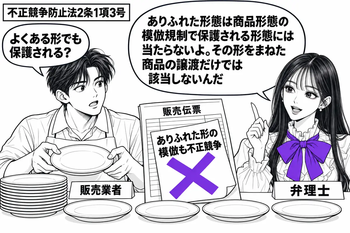 先生が机の右で弁理士役(札「弁理士」)。左に無地の丸皿を並べる男性(札「販売業者」)。中央には同じありふれた形の皿と「販売伝票」を置く。伝票の「ありふれた形の模倣も不正競争」という付箋にヴァイオレットの×印。先生の吹き出し「ありふれた形態は