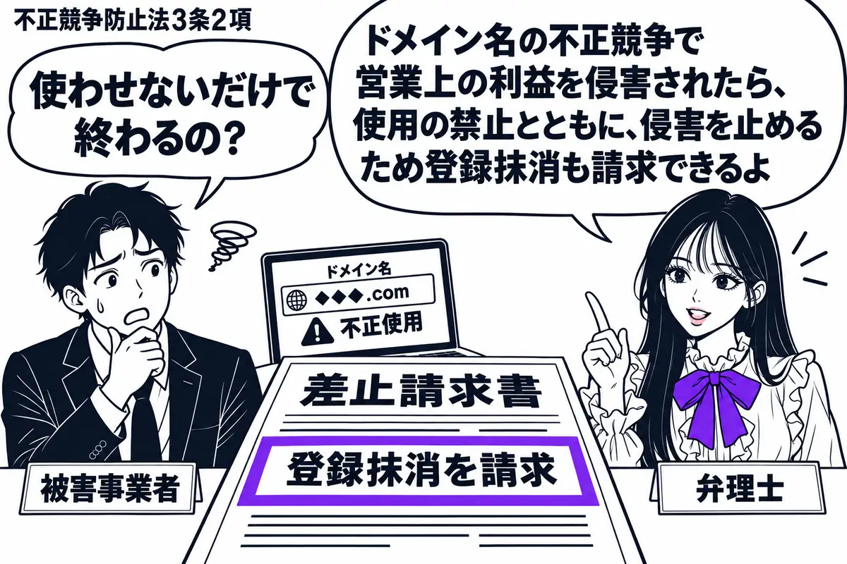 先生が相談机の右で弁理士役（札「弁理士」）。左に困り顔の男性（札「被害事業者」）。机には不正使用されたドメイン名を示す画面と「差止請求書」を置く。請求書の「登録抹消を請求」の欄を大きなヴァイオレットの枠で囲む。先生の吹き出し「ドメイン名の不