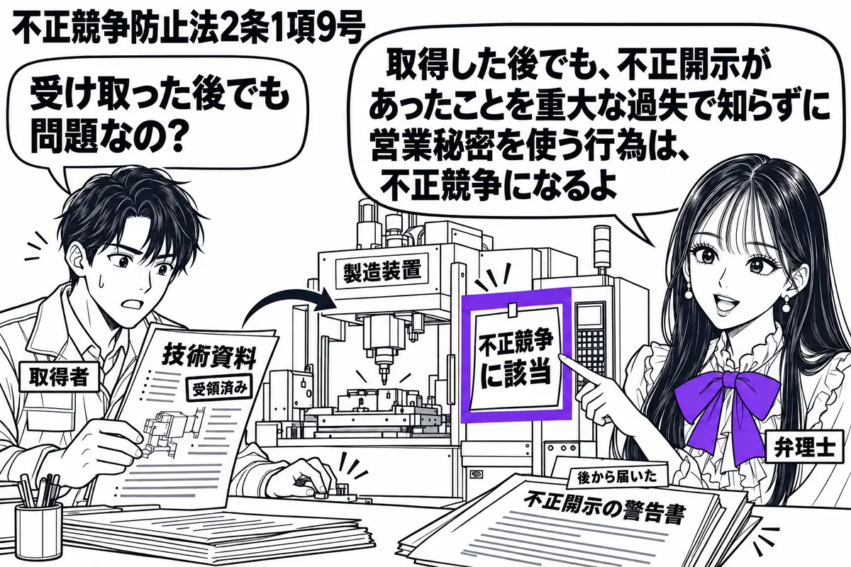 先生が右に立つ弁理士役(札「弁理士」)。左の男性(札「取得者」)の机に、受領済みの技術資料と後から届いた不正開示の警告書。男性は警告書を放置して資料を製造装置に使い、装置の「不正競争に該当」の付箋をヴァイオレットの枠で囲む。先生の吹き出し「
