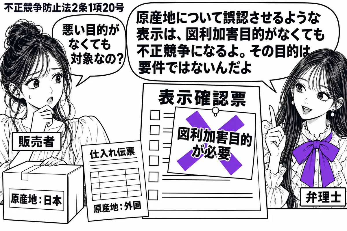 先生が右に立つ弁理士役(札「弁理士」)。左の女性(札「販売者」)が、仕入れ伝票と産地表示の食い違う商品箱を机に置く。表示確認票に貼った「図利加害目的が必要」の付箋へ、大きなヴァイオレットの×印。先生は箱と伝票を見比べている。先生の吹き出し「