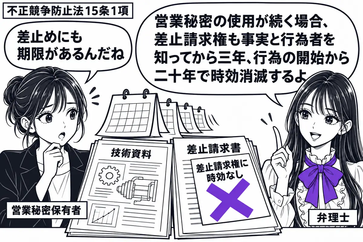 先生が右に立つ弁理士役（札「弁理士」）。左の女性（札「営業秘密保有者」）が、技術資料と差止請求書を机に置く。奥に何枚もめくられた暦。請求書の「差止請求権に時効なし」の付箋にヴァイオレットの×印。先生の吹き出し「営業秘密の使用が続く場合、差止